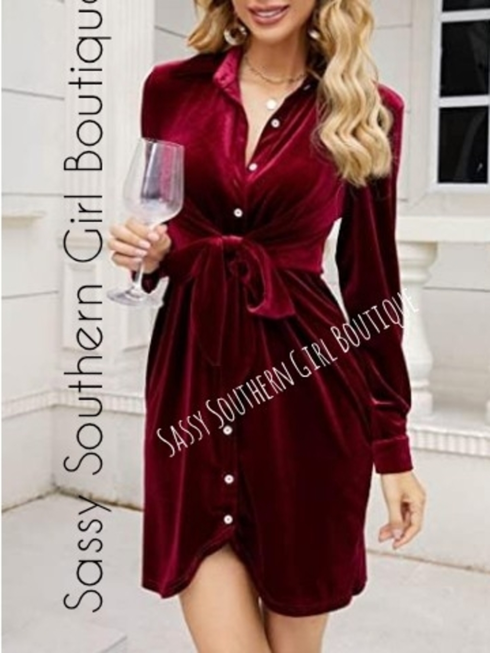 🆕⭐Wine Red Velvet Tie-Waist Shirt Dress